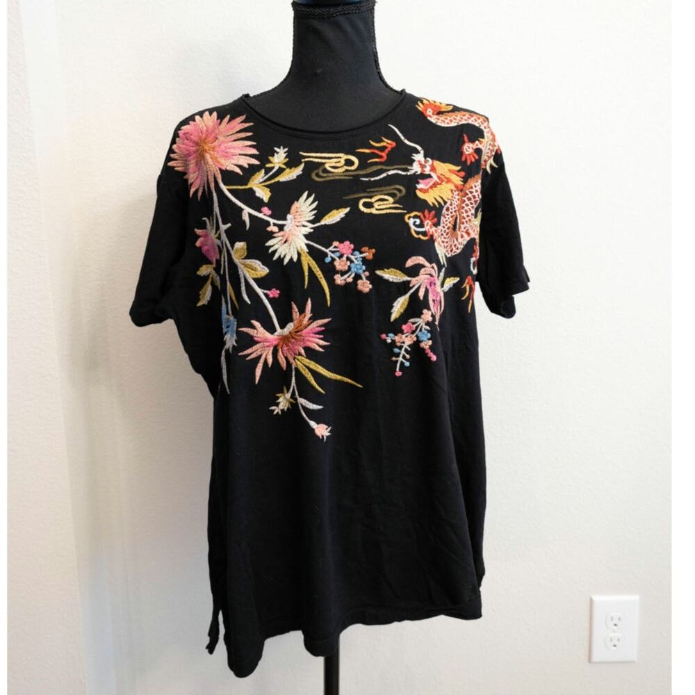 Johnny Was Black Short Sleeve Tee with Pink Floral & Gold Dragon Embroidery